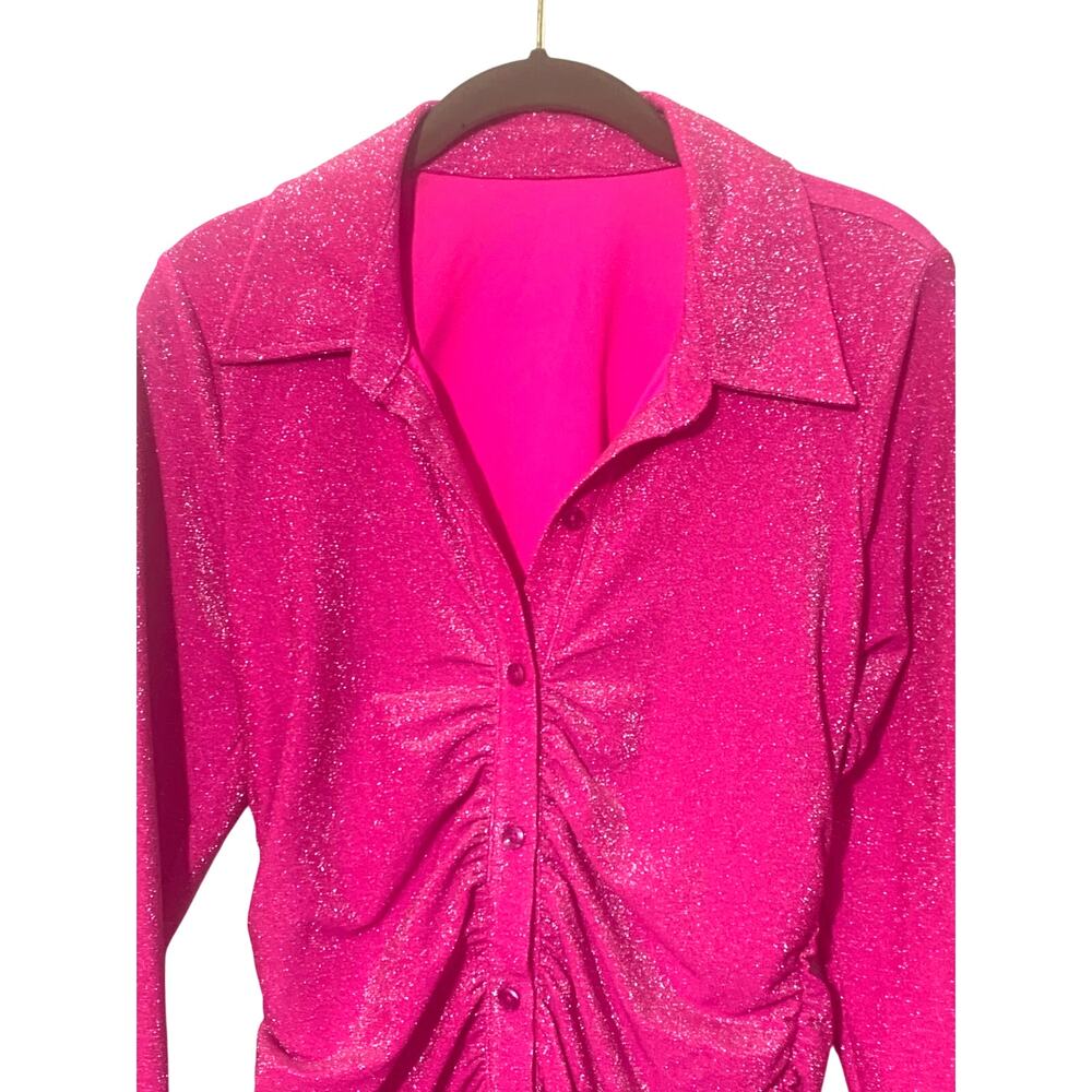 Good American Hot Pink Metallic Sparkle Ruched Stretch Mini Dress‎  sz 2/Med - Picture 8 of 9